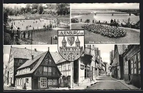 AK Lauenburg /Elbe, Ältestes Haus, Freibad, Blick vom Schlossgarten