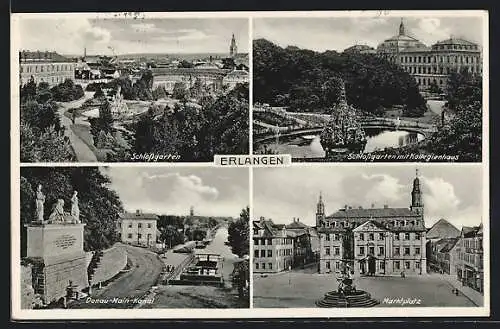 AK Erlangen, Schlossgarten, Donai-Main-Kanal, Marktplatz, Schlossgarten mit Kollegienhaus