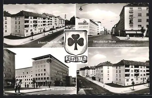 AK Fürth /B., Schwabacher Strasse mit Eckart-Werken, Erhard Seglitz-Strasse, Simonstrasse