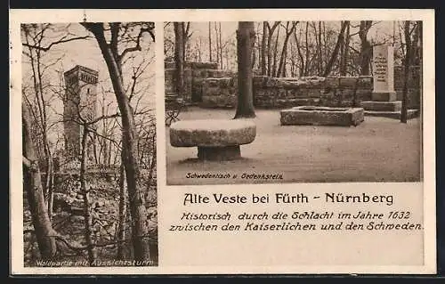 AK Fürth, Alte Veste - Schwedentisch und Gedenkstein, Waldpartie mit Aussichtsturm