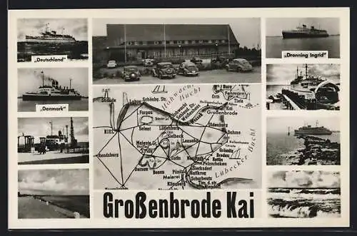 AK Grossenbrode-Kai, Dampfer Deutschland, Danmark und Dronning Ingrid, Karte der Umgebung, VW Käfer, Meerblick