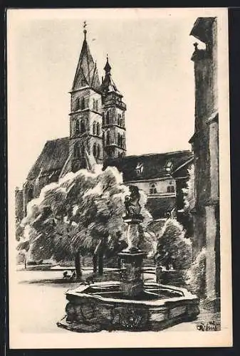 Künstler-AK Esslingen am Neckar, Brunnen an der Dionysiuskirche