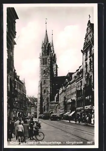 AK Nürnberg, Königstrasse mit Blick zur Kirche, mit Strassenbahn