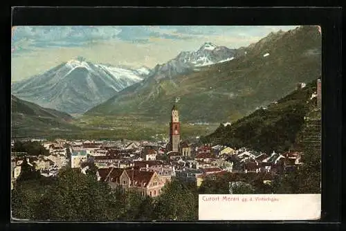 AK Meran, Teilansicht mit Kirche gg. d. Vintschgau, Dresden, Petzold & Aulhorn AG, Reklame