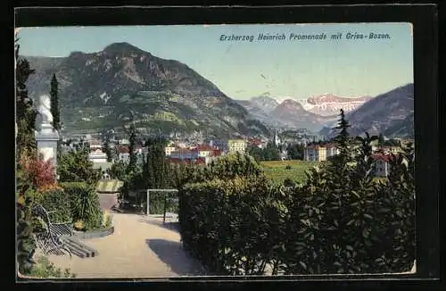 AK Gries-Bozen, Erzherzog Heinrich-Promenade mit Panorama