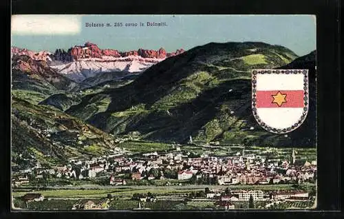 AK Bolzano, Teilansicht gegen die Dolomiten, Wappen