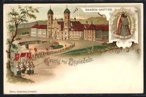 Lithographie Einsiedeln, Procession vom Kloster, Bildnis Gnaden-Mutter