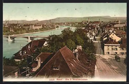 AK Basel, Strassenpartie und die 3 Rheinbrücken