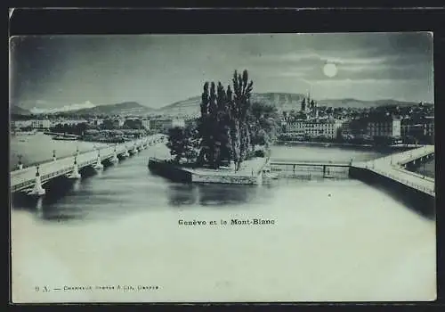 Mondschein-AK Genève, Panorama et le Mont-Blanc