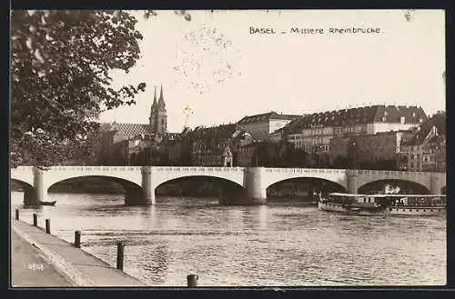 AK Basel, Mittlere Rheinbrücke mit Kirche