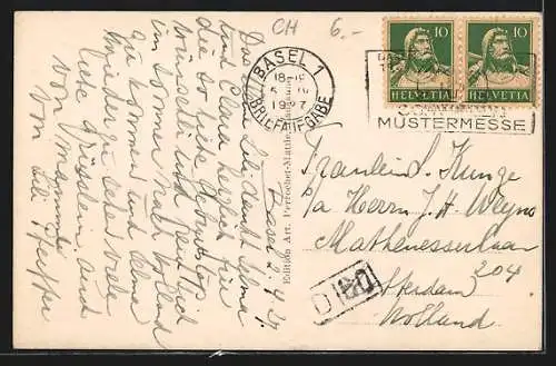 AK Basel, Mittlere Rheinbrücke mit Kirche