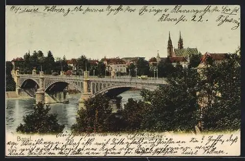 AK Basel, Wettsteinbrücke, Im Hintergrund Kirche