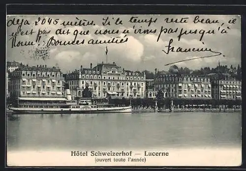 AK Luzern, Hotel Schweizerhof vom See betrachtet