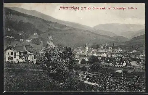 AK Mürzzuschlag /Steiermark, Ortsansicht mit der Schneealpe