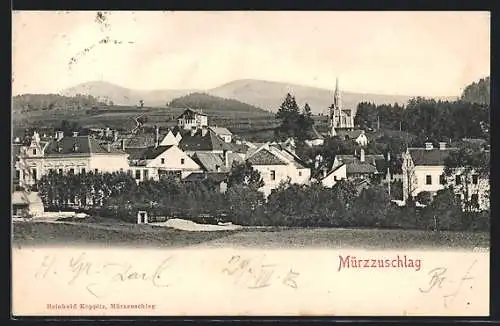 AK Mürzzuschlag, Ortsansicht mit der Kirche im Hintergrund