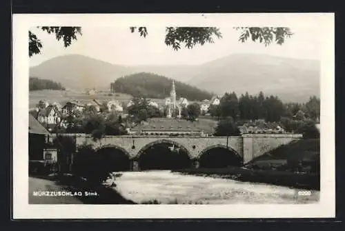 AK Mürzzuschlag /Stmk., Ortsansicht über die Brücke