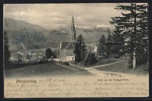 AK Mürzzuschlag, Blick von der Rosegger-Ruhe zur Kirche