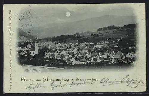 Mondschein-AK Mürzzuschlag a. Semmering, Gesamtansicht in der Nacht