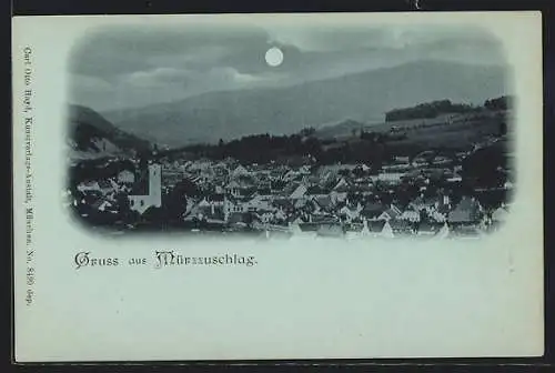 Mondschein-AK Mürzzuschlag, Ortsansicht mit der Kirche