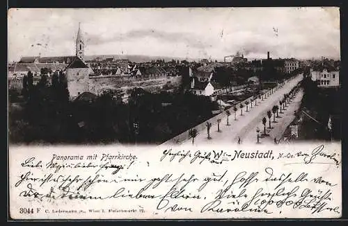 AK Wr.-Neustadt, Panorama mit Pfarrkirche und Strassenpartie