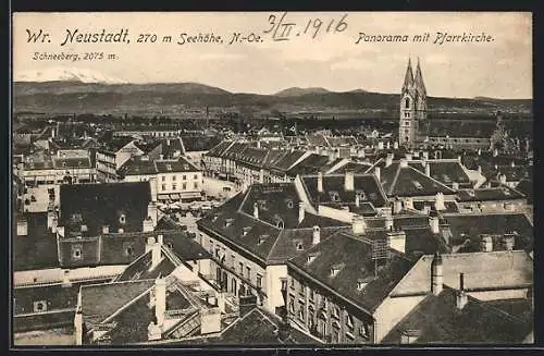 AK Wr.-Neustadt, Panorama mit Pfarrkirche und Schneeberg