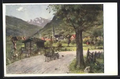 Künstler-AK Badgastein, Hofgartenstrasse nach dem Ort mit Eselswagen