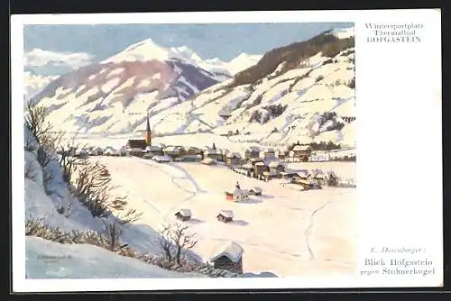 Künstler-AK Hofgastein, Blick auf Hofgastein gegen Stubnerkogel im Winter