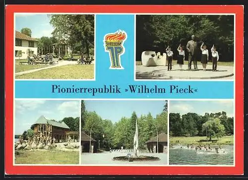 AK Altenhof /Eberswalde, Pionierrepublik Wilhelm Pieck, Wilhelm-Pieck-Ehrung, Wehrburg, Eingang, Badestrand