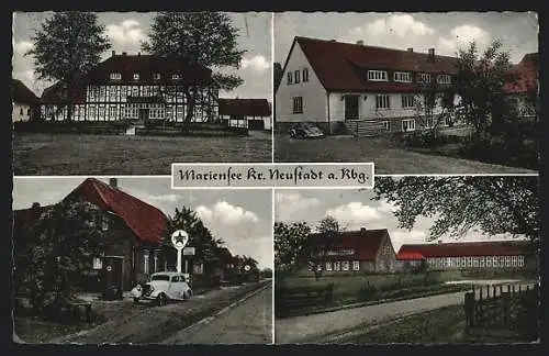 AK Mariensee /Neustadt, Auto an der Tankstelle, VW Käfer, grosses Fachwerkhaus