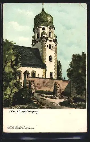 Künstler-AK Garham, Blick auf die Pfarrkirche