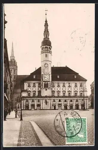 AK Bautzen, Platz mit Rathaus und Geschäften