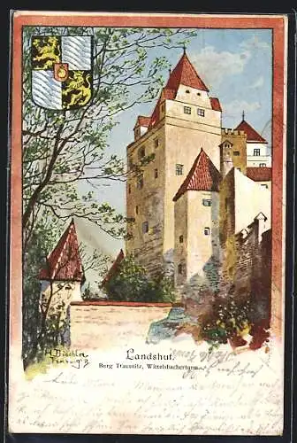 Künstler-AK Landshut, Burg Trausnitz, Wittelsbacherturm