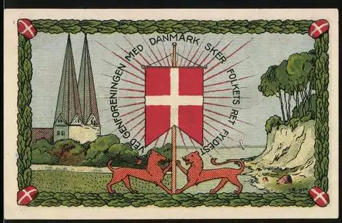 Notgeld Broager 1920, 1 Mark, Plebiscit Slesvig, Kirche und Steilküste, Flaggen und Lorbeerkranz