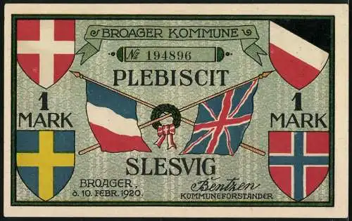 Notgeld Broager 1920, 1 Mark, Plebiscit Slesvig, Kirche und Steilküste, Flaggen und Lorbeerkranz