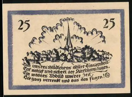 Notgeld Delbrück i. Westf. 1921, 25 Pfennig, Ortsansicht mit Kirche, Gutschein