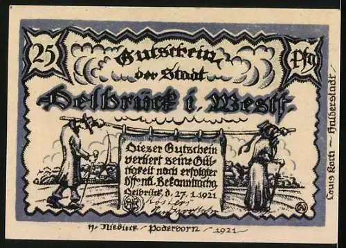 Notgeld Delbrück i. Westf. 1921, 25 Pfennig, Ortsansicht mit Kirche, Gutschein