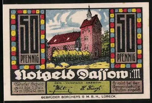 Notgeld Dassow i. M. 1922, 50 Pfennig, Kirche und Wappen