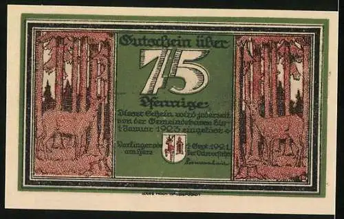Notgeld Darlingerode /Harz 1921, 75 Pfennig, Ortsansicht, Rehe im Wald, Gutschein