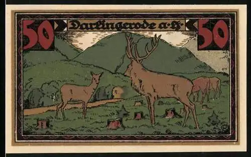 Notgeld Darlingerode /Harz 1921, 50 Pfennig, Hirsche auf der Weide, Wappen, Gutschein