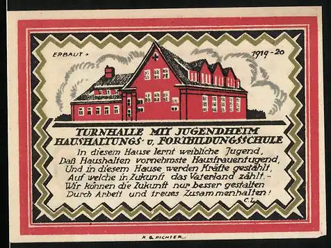 Notgeld Büdelsdorf /Holst., 75 Pfennig, Turnhalle m. Jugendheim Haushaltungs- u. Fortbildungsschule, Gutschein