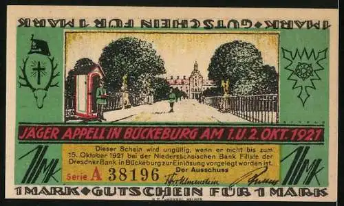 Notgeld Bückeburg 1921, 1 Mark, Rathaus, Jäger Appell in Bückeburg, Gutschein