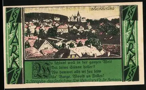 Notgeld Bückeburg 1921, 1 Mark, Ortsansicht aus der Vogelschau, Jäger Appell in Bückeburg, Gutschein