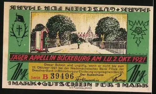 Notgeld Bückeburg 1921, 1 Mark, Ortsansicht aus der Vogelschau, Jäger Appell in Bückeburg, Gutschein