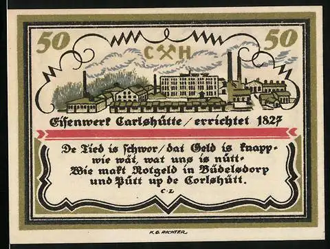 Notgeld Büdelsdorf /Holst., 50 Pfennig, Eisenwerk Carlshütte, Gutschein
