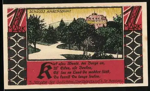 Notgeld Bückeburg 1921, 1 Mark, Schloss Ahrensburg, Jäger Appell in Bückeburg, Gutschein