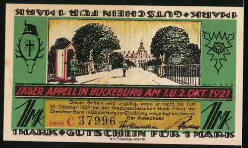 Notgeld Bückeburg 1921, 1 Mark, Schloss Ahrensburg, Jäger Appell in Bückeburg, Gutschein