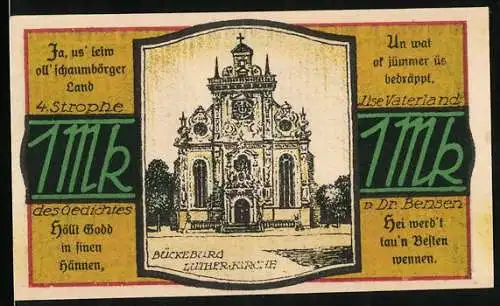 Notgeld Bückeburg 1921, 1 Mark, Lutherkirche, Jäger Appell in Bückeburg, Gutschein