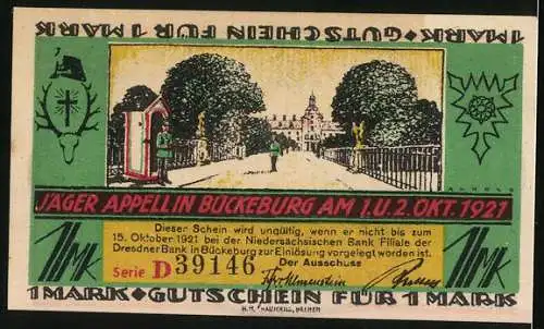 Notgeld Bückeburg 1921, 1 Mark, Lutherkirche, Jäger Appell in Bückeburg, Gutschein