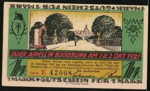 Notgeld Bückeburg 1921, 1 Mark, Bauer bei der Feldarbeit, Frau in Tracht, Jäger Appell in Bückeburg, Gutschein