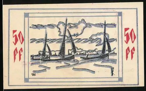 Notgeld Bullenkuhlen 1921, 50 Pfennig, Segelboote auf dem Wasser, Wappen